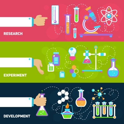 Chemistry decorative horizontal banners set with research experiment development isolated vector illustration