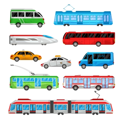 Public transport set with isolated profile icons of buses trams trolleybuses and taxi cars with minivans vector illustration