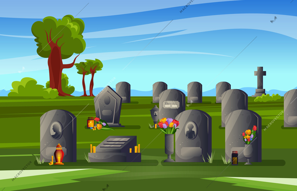 Colored cemetery gravestone composition day in a well kept cemetery flowers next to tombstones and sunshine all around vector illustration