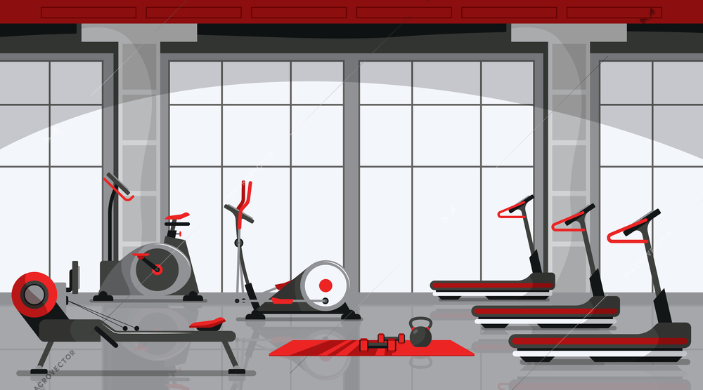 Gym colored composition sports club room with technical equipment and large floor to ceiling windows vector illustration