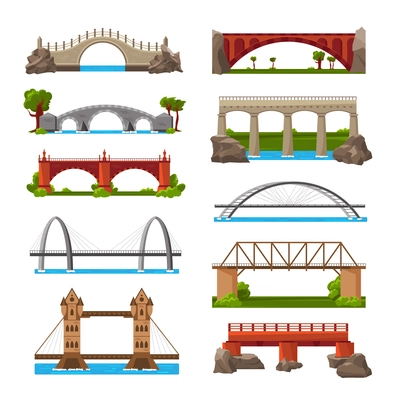 Bridges set of isolated icons with cartoon style images of medieval and modern bridges with towers vector illustration