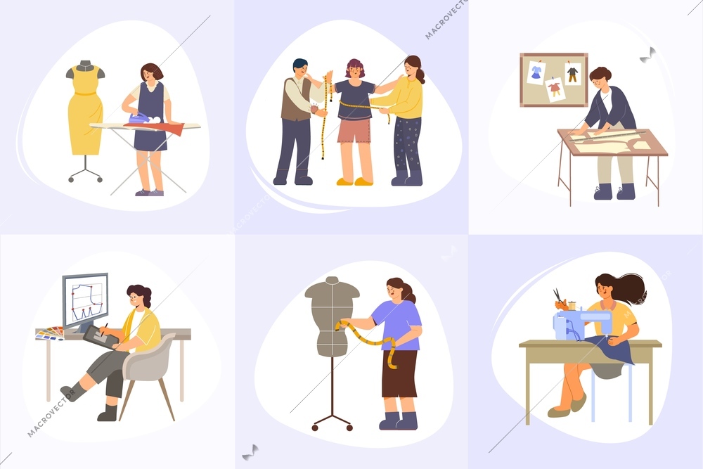 Set of six square clothes factory compositions with production stages flat human characters and tailoring eqipment vector illustration