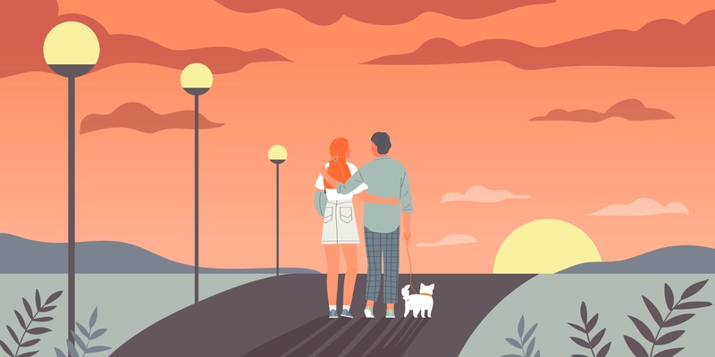 Couple in love walk dog composition with outdoor scenery sunset and hugging lovers walking their pet vector illustration