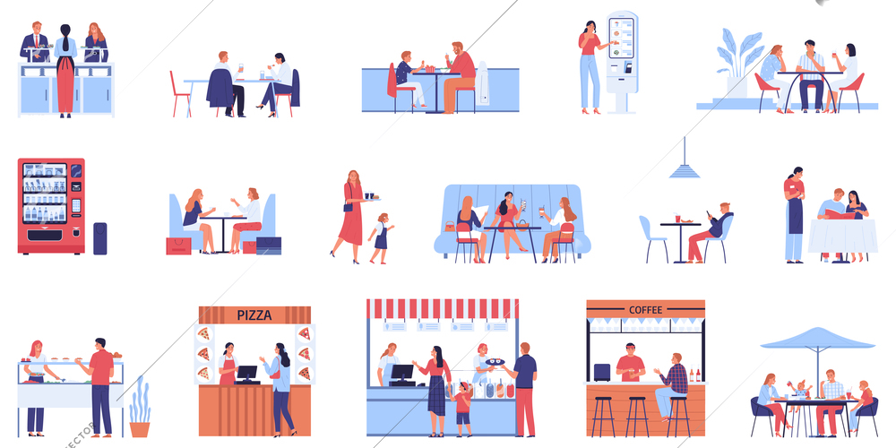 Canteen food court cafe set of isolated icons with food stalls workers at counters and visitors vector illustration