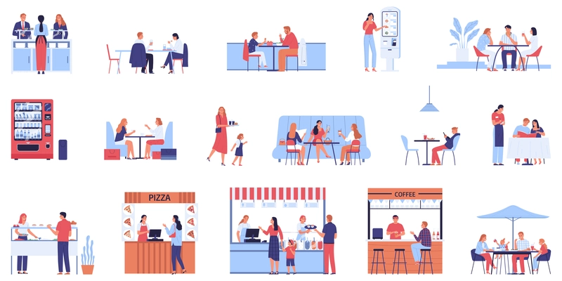 Canteen food court cafe set of isolated icons with food stalls workers at counters and visitors vector illustration