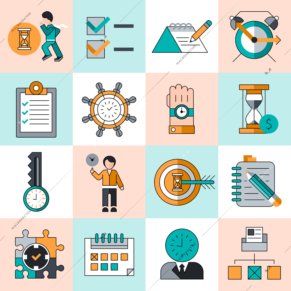 Time management work productivity successful manager flat line icons set isolated vector illustration