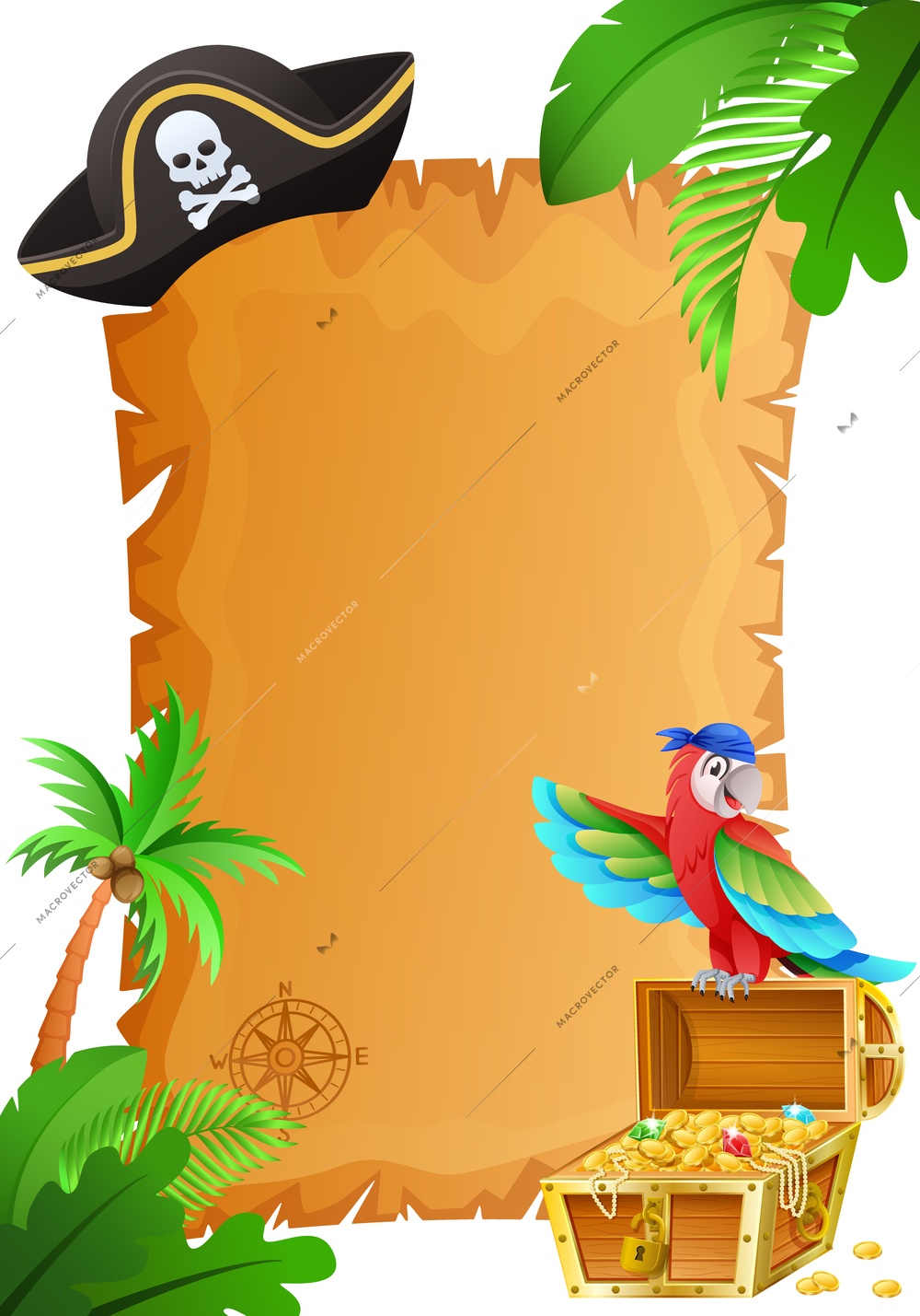 Pirate treasure map template with headdress and palm tree with parrot cartoon vector illustration