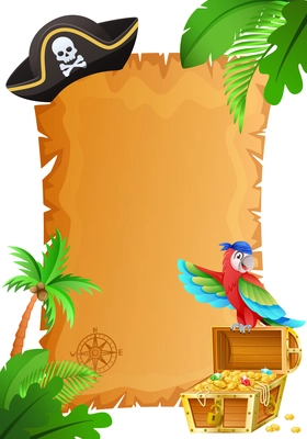 Pirate treasure map template with headdress and palm tree with parrot cartoon vector illustration