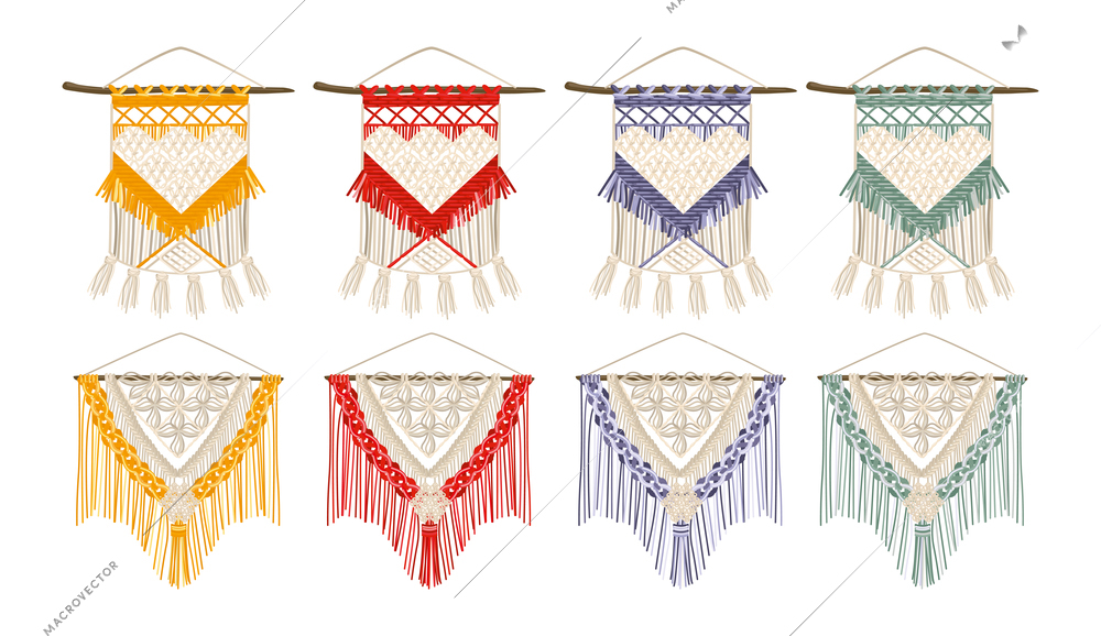 Handcrafted macrame color set of wall hanging for house decoration isolated vector illustration