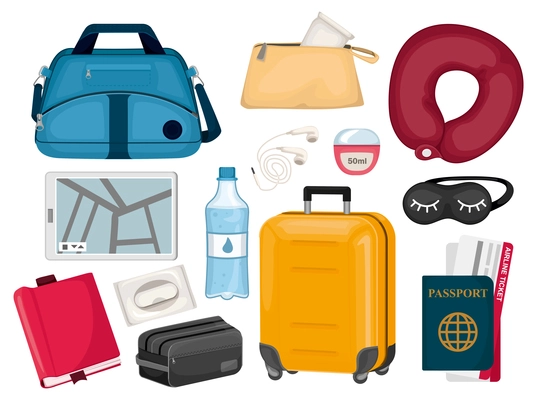 Touristic items flat color set of luggage bags travel pillow passport airline tickets mask for sleeping on plane isolated vector illustration