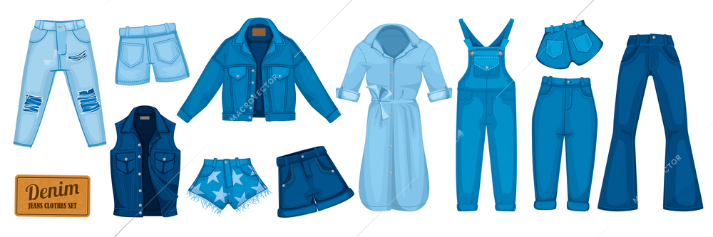 Denim Clothes Flat Color Set Modern Vector Illustration 89217