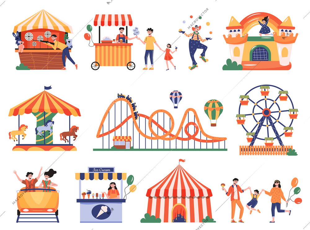 Amusement park color set of isolated icons with characters of visitors workers and amusement ride equipment vector illustration