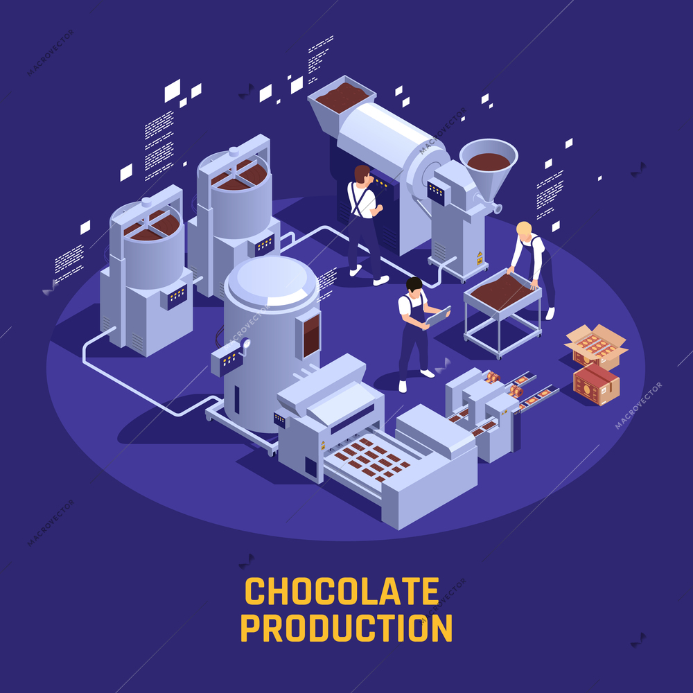 Modern chocolate production promotion poster isometric circular composition with cocoa beans processing machinery high tech background vector illustration