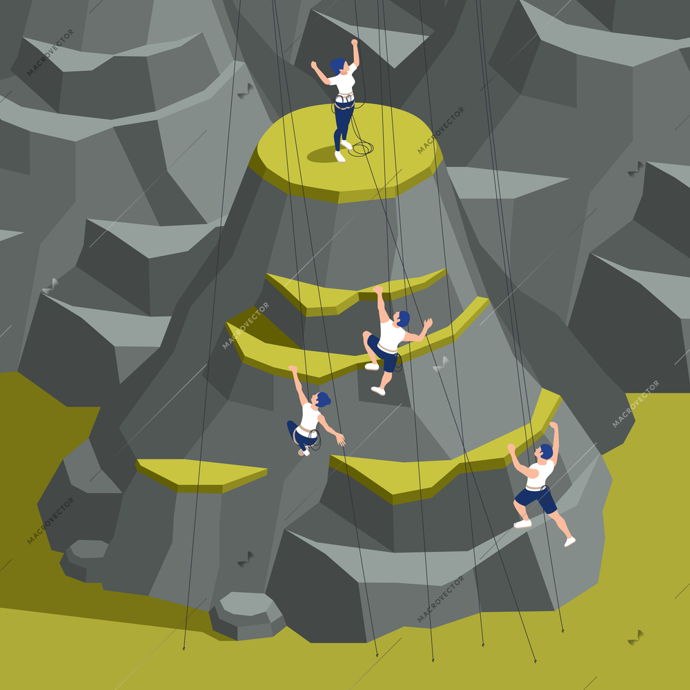 Sport lead climbing indoor outdoor facilities isometric composition with top ropers ascending artificial rock background vector illustration
