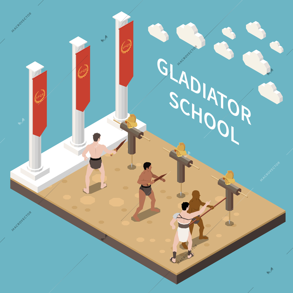 Gladiator school isometric background with instructor teaching strength men to use edged weapons vector illustration