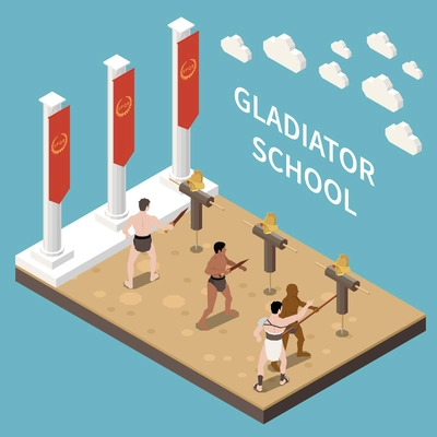 Gladiator school isometric background with instructor teaching strength men to use edged weapons vector illustration