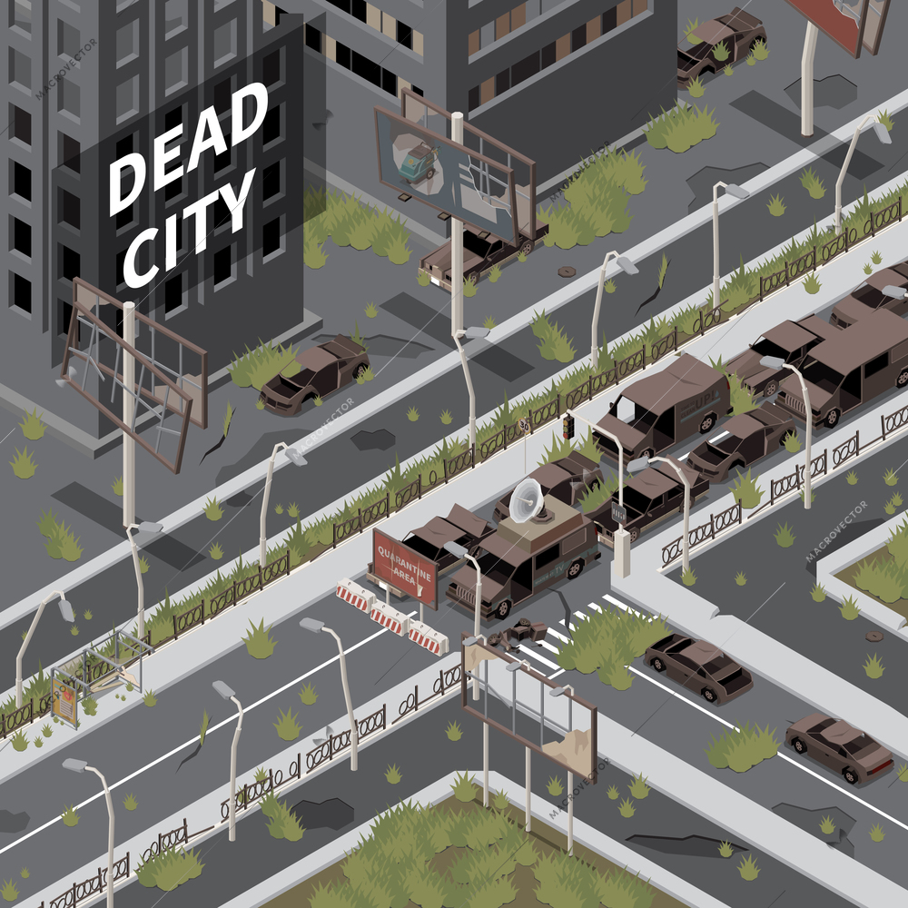 Dead city deserted urban landscape with destroyed abandoned buildings isometric  vector illustration
