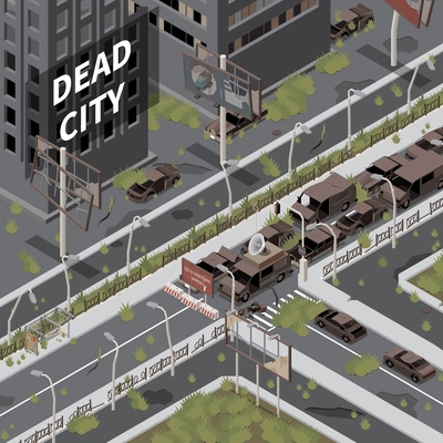 Dead city deserted urban landscape with destroyed abandoned buildings isometric  vector illustration