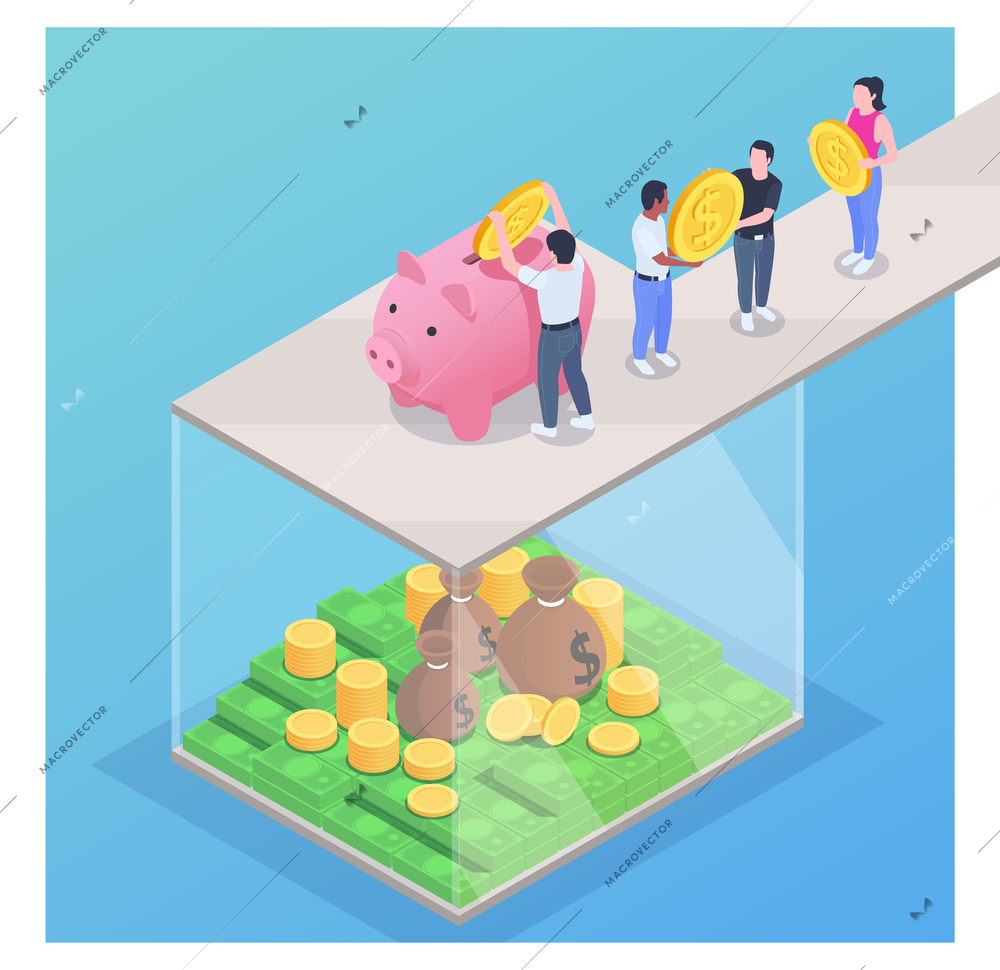 Financial education literacy isometric colored composition collectively filling the piggy bank with money vector illustration