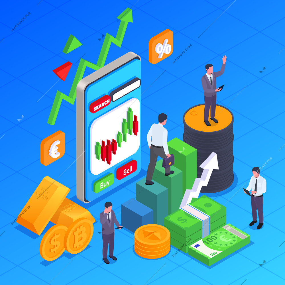 Stock exchange financial market trading isometric concept various symbols and mechanisms of working with the exchange one ascends abstract ladder graphics upwards vector illustration