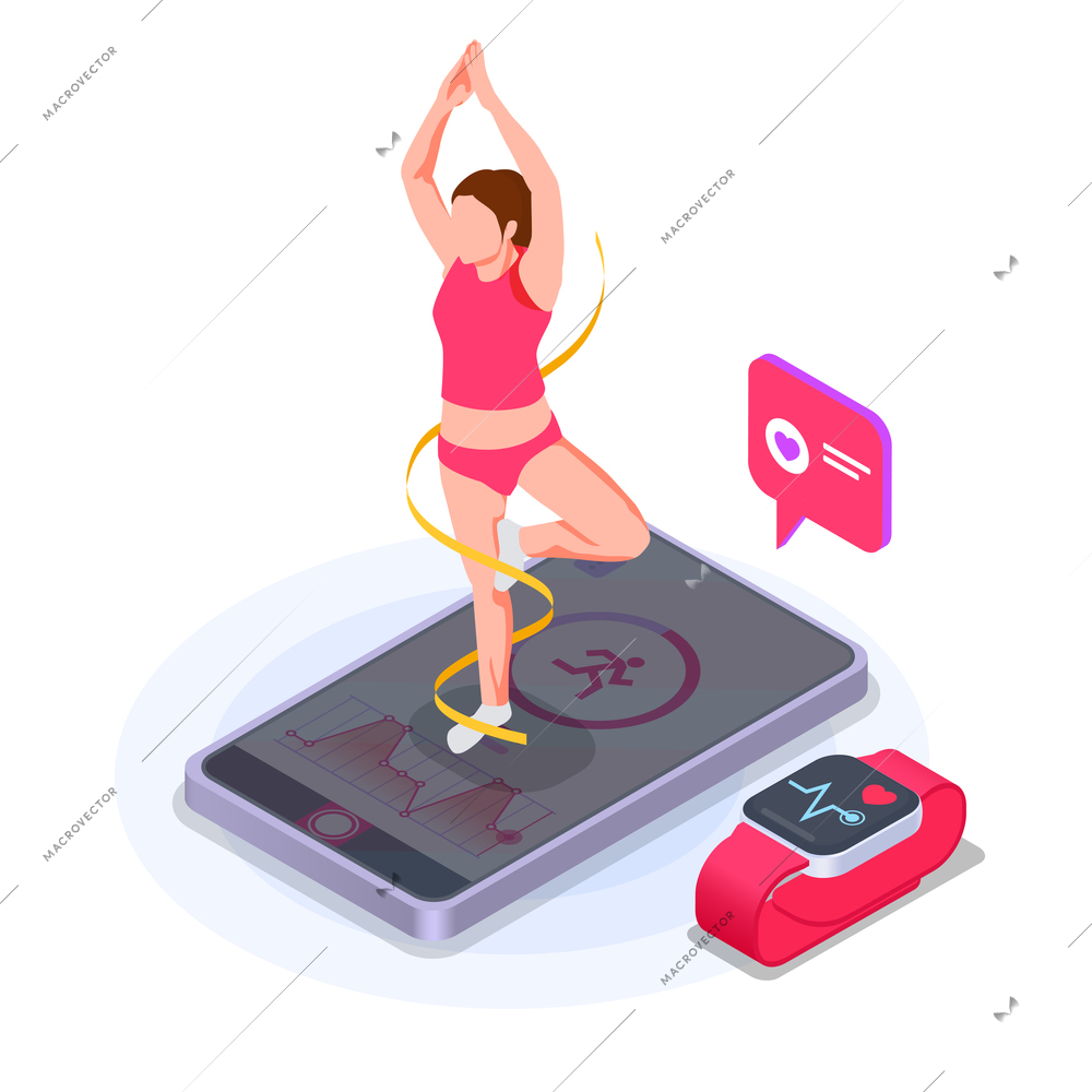 Online fitness workout yoga at home isometric composition heart rate during sports activities synchronized with watch and smartphone vector illustration