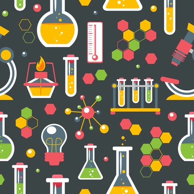 Chemistry colored seamless pattern with scientific research glassware equipment vector illustration