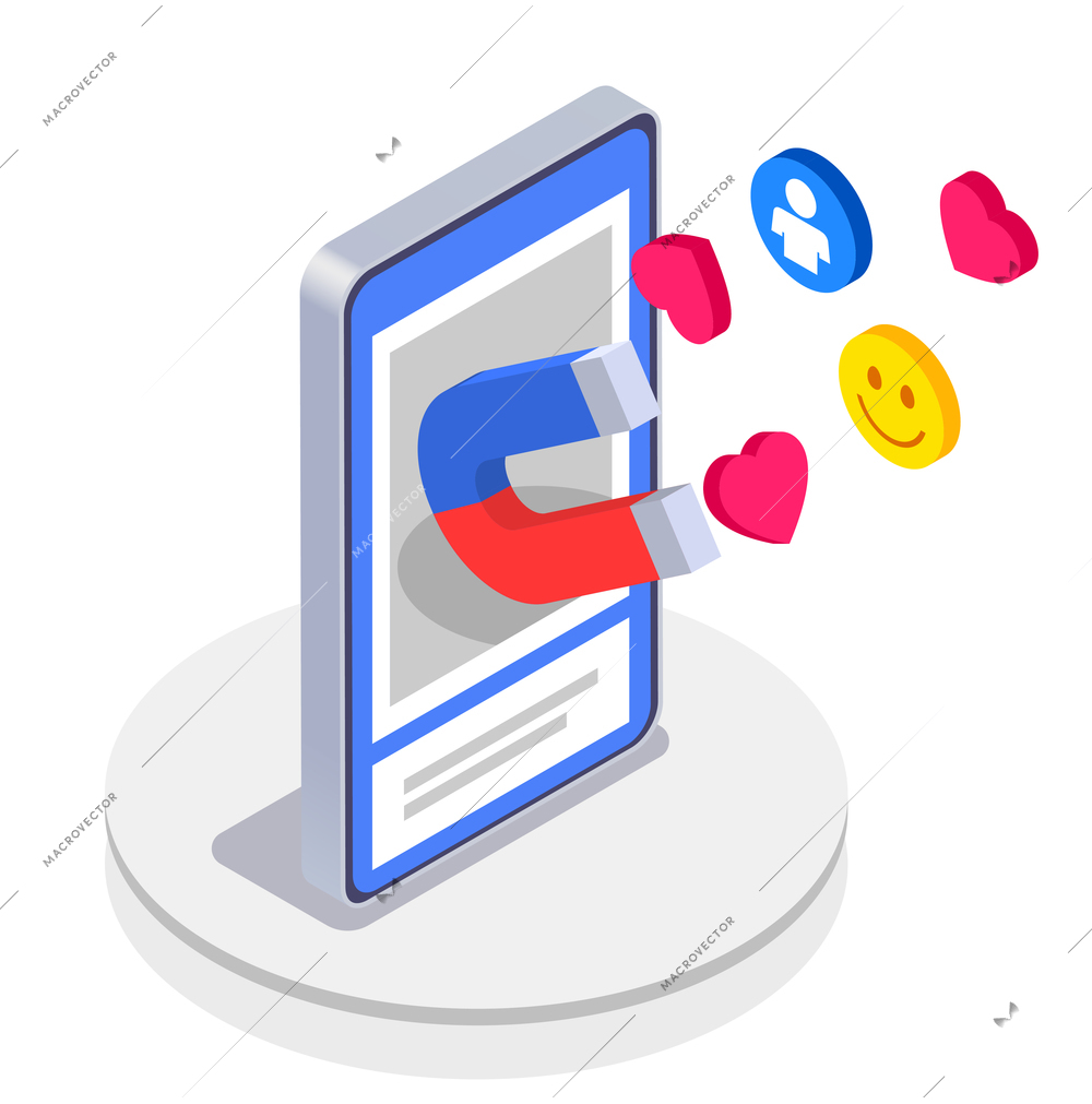 Marketing technologies colored isometric concept abstract situation attracting with magnet likes of subscribers and new target audience vector illustration