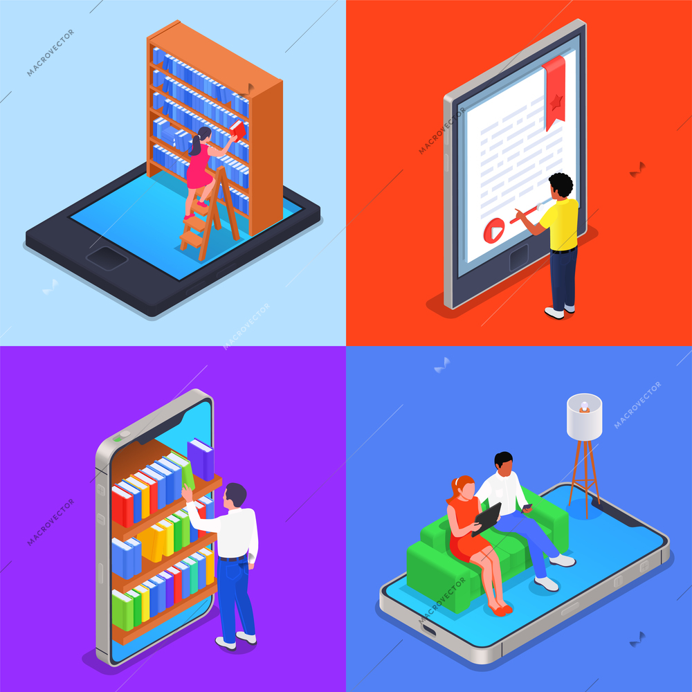 Four digital online library isometric icon set with online bookshelves electronic book couple reads sitting on couch books online vector illustration