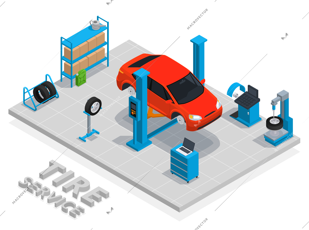 Tire production service isometric concept with tire service description and technical tools and equipment vector illustration