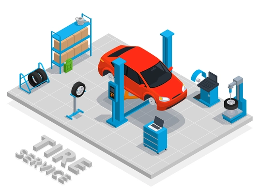 Tire production service isometric concept with tire service description and technical tools and equipment vector illustration