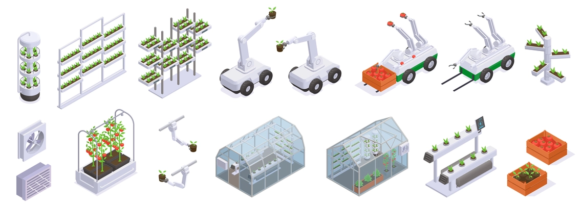 Isometric modern greenhouse icon set beds smart shelves greenhouse building robots and harvesting process vector illustration