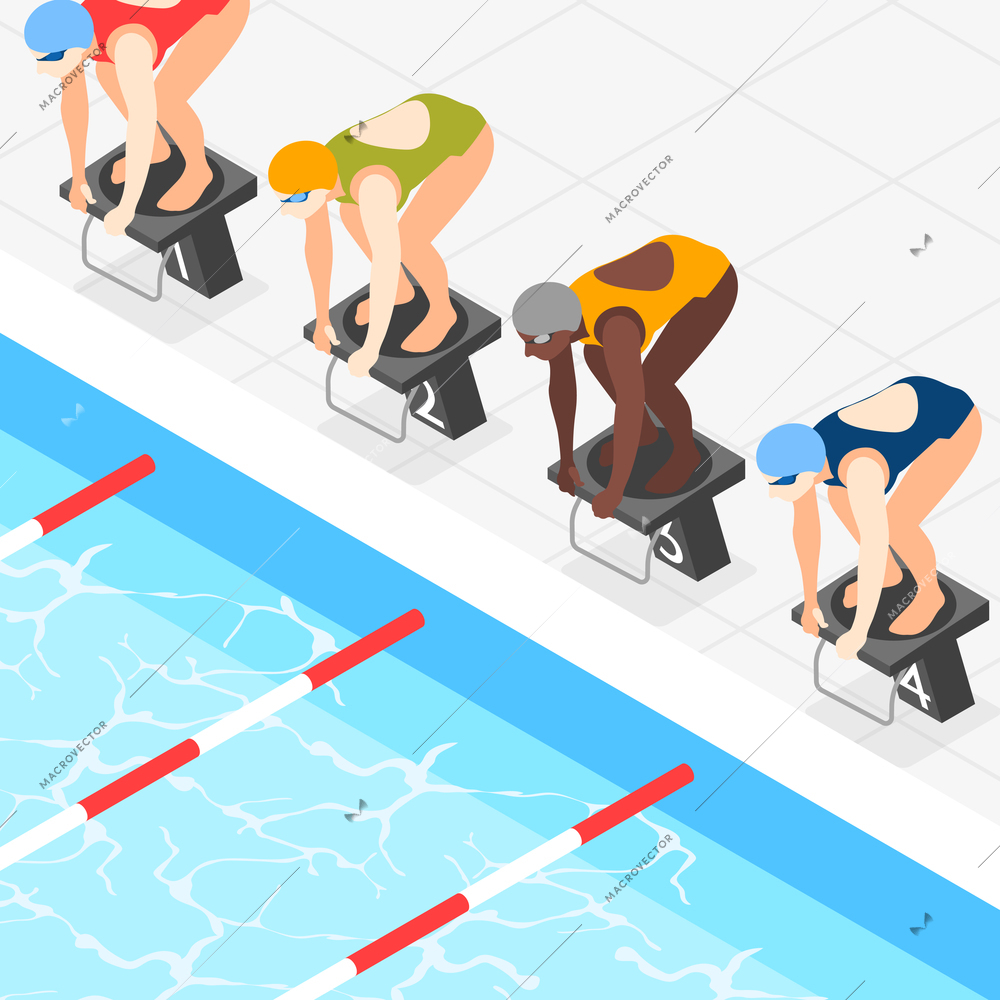 International olympic day isometric background with view of pool with characters of swimmers in ready position vector illustration