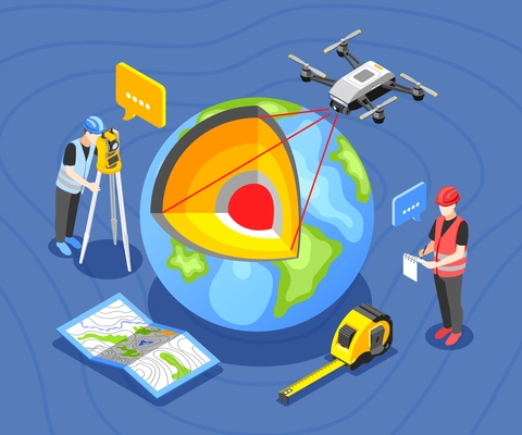 Geodesy isometric background with profile view of earth globe with map measure tape and worker characters vector illustration