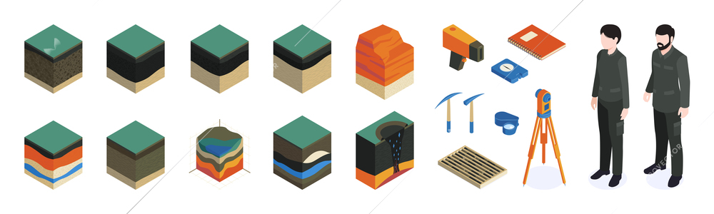 Isometric geological color icon set with geodesists equipment and tools for work and models of soil vector illustration