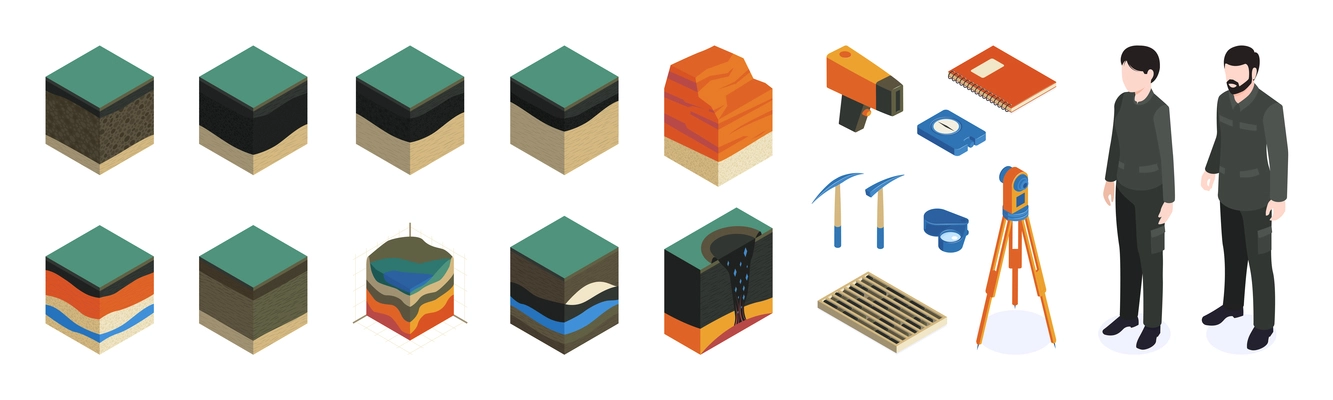 Isometric geological color icon set with geodesists equipment and tools for work and models of soil vector illustration