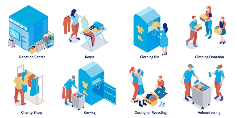 Isometric compositions set with donation centre charity shop people sorting reusing recycling donated clothes 3d isolated vector illustration