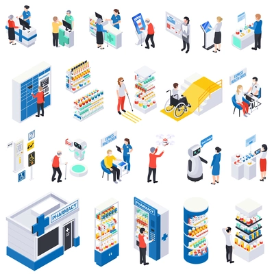 Modern pharmacy equipment showcase chatbot self service health check characters of customers and pharmacists isometric set 3d isolated vector illustration