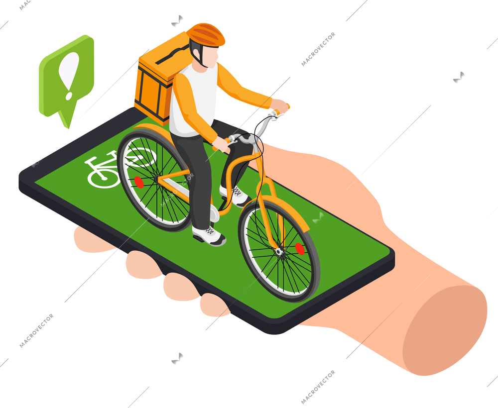 Delivery online shopping concept with human hand holding smartphone with cycling courier on screen 3d isometric vector illustration