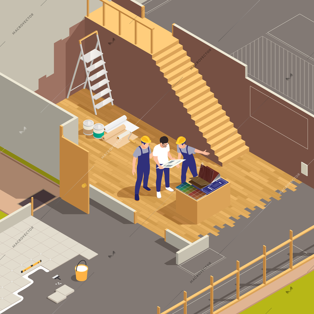 Interior designer on building site collaborating with construction workers flooring tiling painting walls isometric view vector illustration