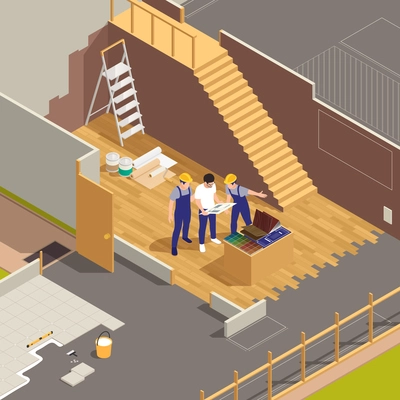 Interior designer on building site collaborating with construction workers flooring tiling painting walls isometric view vector illustration