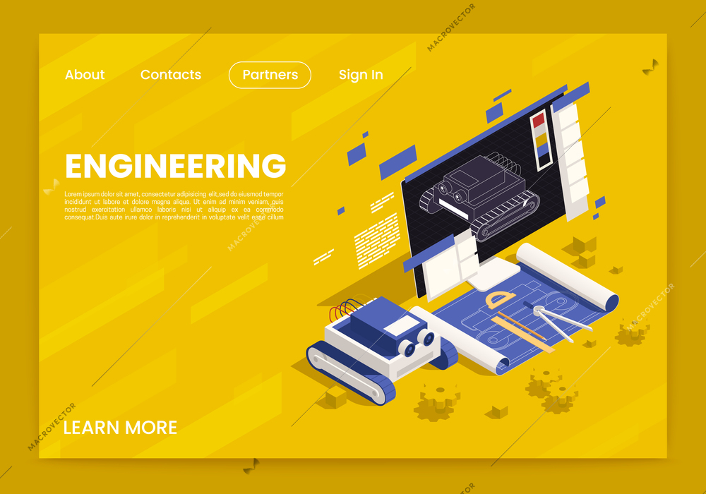 STEM education engineering isometric webpage banner computer 3d modeling robotic devices design technical drawings background vector illustration