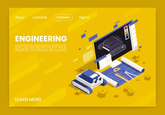 STEM education engineering isometric webpage banner computer 3d modeling robotic devices design technical drawings background vector illustration