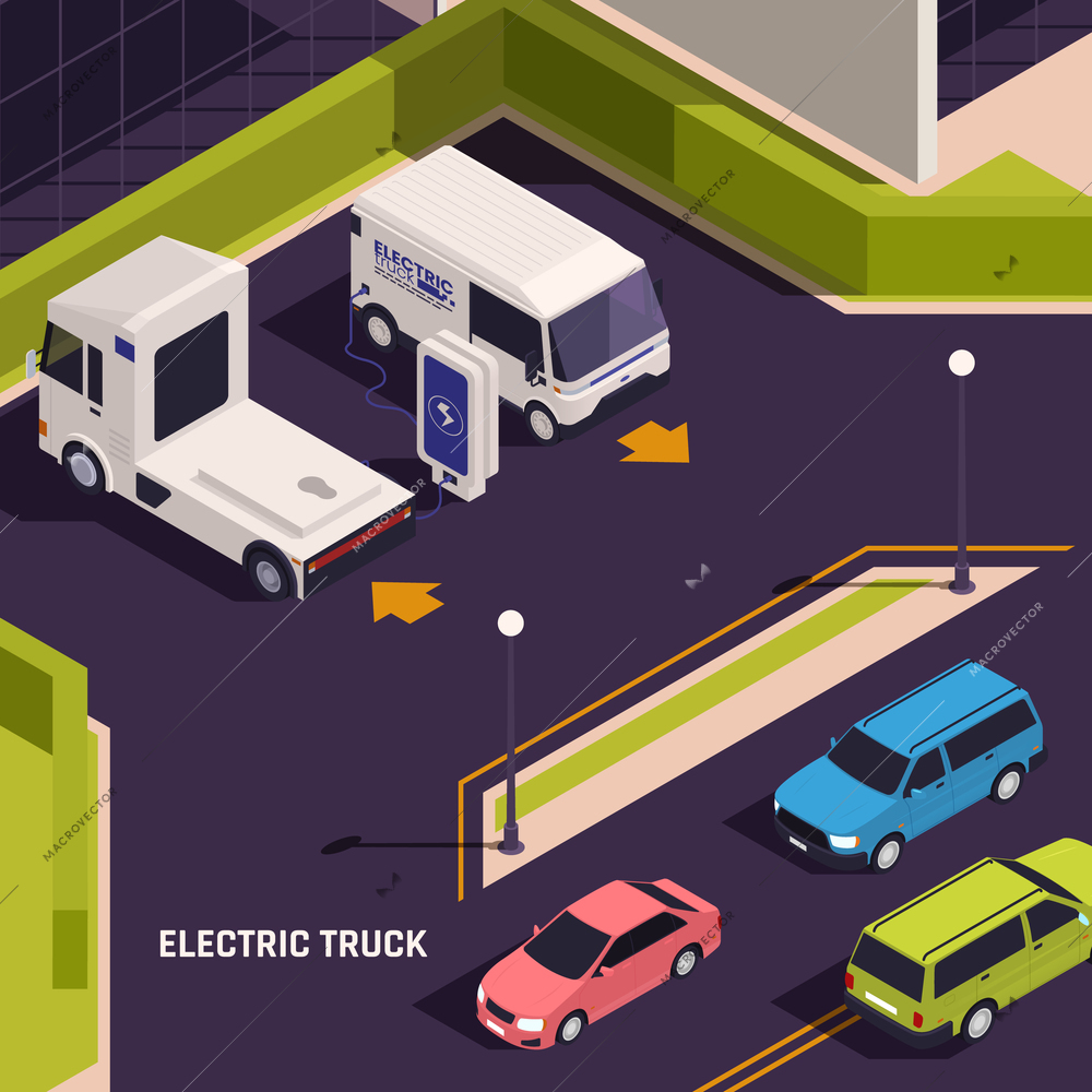 Electric vehicles curbside charging stations on city street isometric composition with platform truck van recharging vector illustration