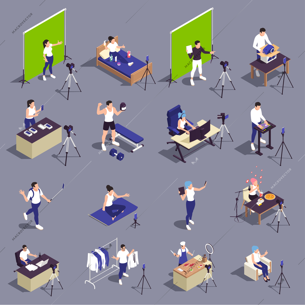 Popular video bloggers isometric set with fitness yoga cooking products presentation beauty travel filming vloggers vector illustration