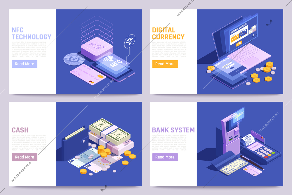 Financial technology online concept 4 isometric webpages with bank system digital currency wireless data exchange vector illustration