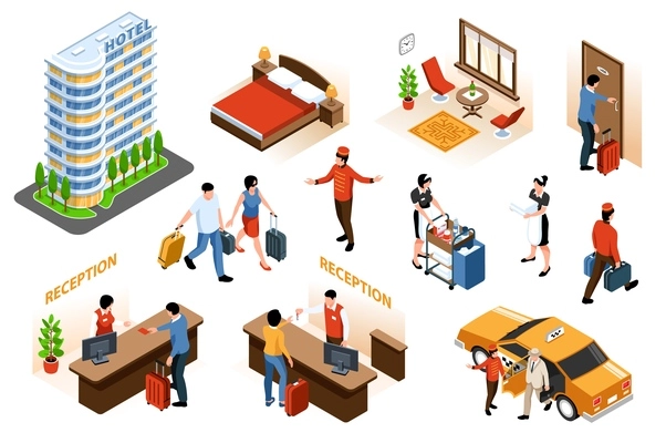 Isometric set with hotel interior and exterior checking in visitors porters maids isolated 3d vector illustration