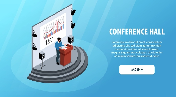 Isometric conference hall horizontal banner with editable text more button pedestal with speaker and projection screen vector illustration