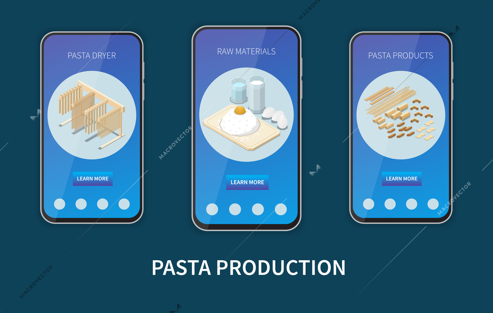 Three vertical macaroni pasta production isometric banner set with pasta dryer raw materials and pasta products descriptions vector illustration