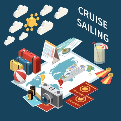 Sea cruise isometric colored concept with cruise sailing headline and map and route and different attributes of tourism vector illustration