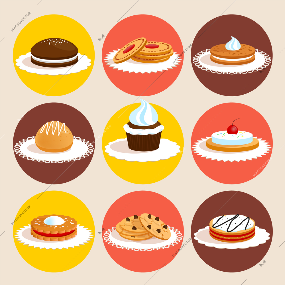 Sweet sugar delicious dessert food vanilla and chocolate cookies colored decorative icons set isolated vector illustration